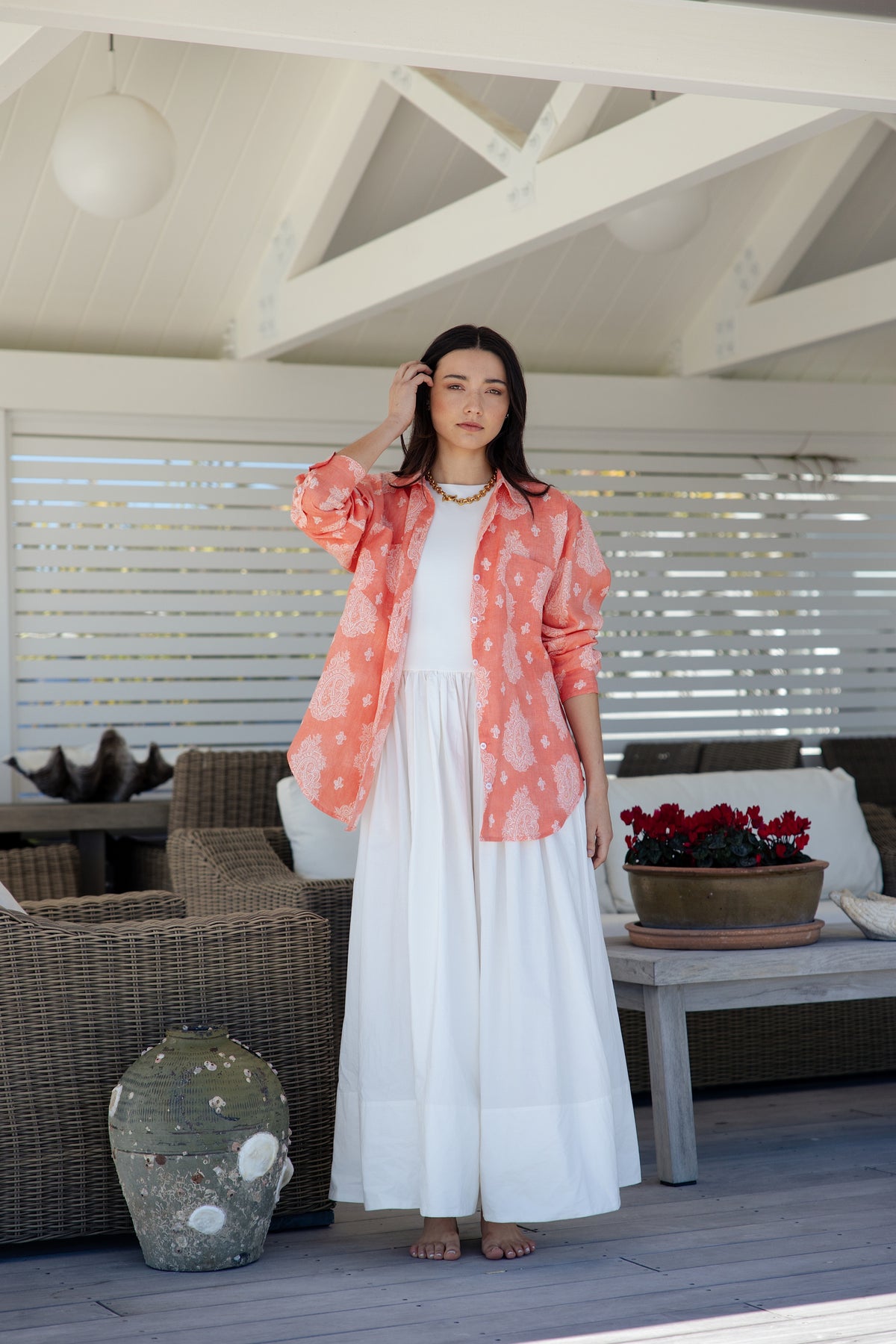 womens coral pink and white patterned button down linen shirt