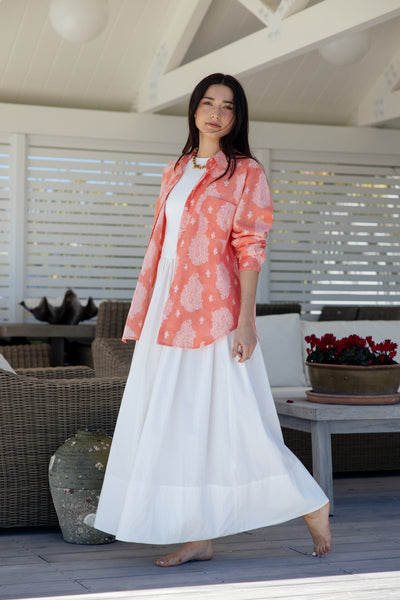 womens coral pink and white patterned button down linen shirt
