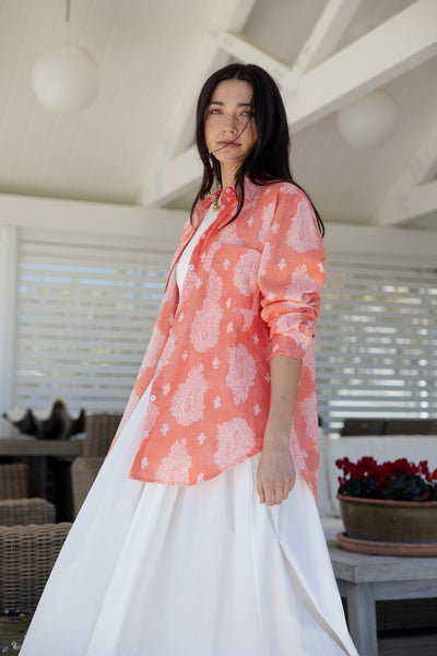 womens coral pink and white patterned button down linen shirt