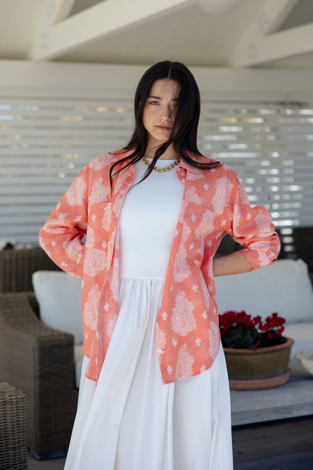 womens coral pink and white patterned button down linen shirt