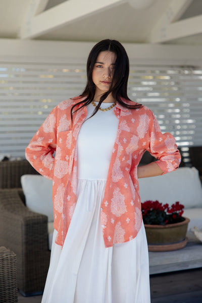womens coral pink and white patterned button down linen shirt