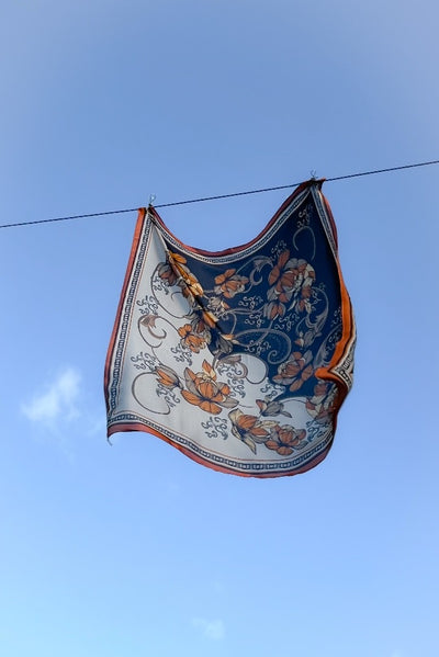 WENDYS ANTIQUE SILKY SCARF FLORAL PRINT HALF NAVY HALF WHITE BACKGROUND HAIR BAG TIE WAIST SCARF ACCESSORY