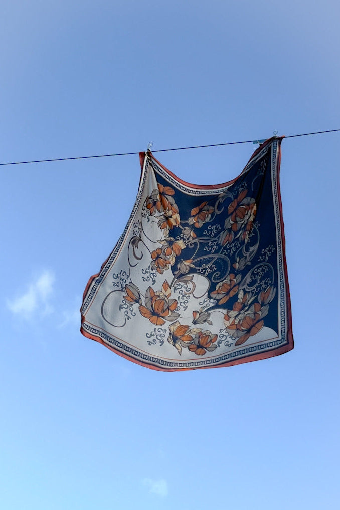 WENDYS ANTIQUE SILKY SCARF FLORAL PRINT HALF NAVY HALF WHITE BACKGROUND HAIR BAG TIE WAIST SCARF ACCESSORY