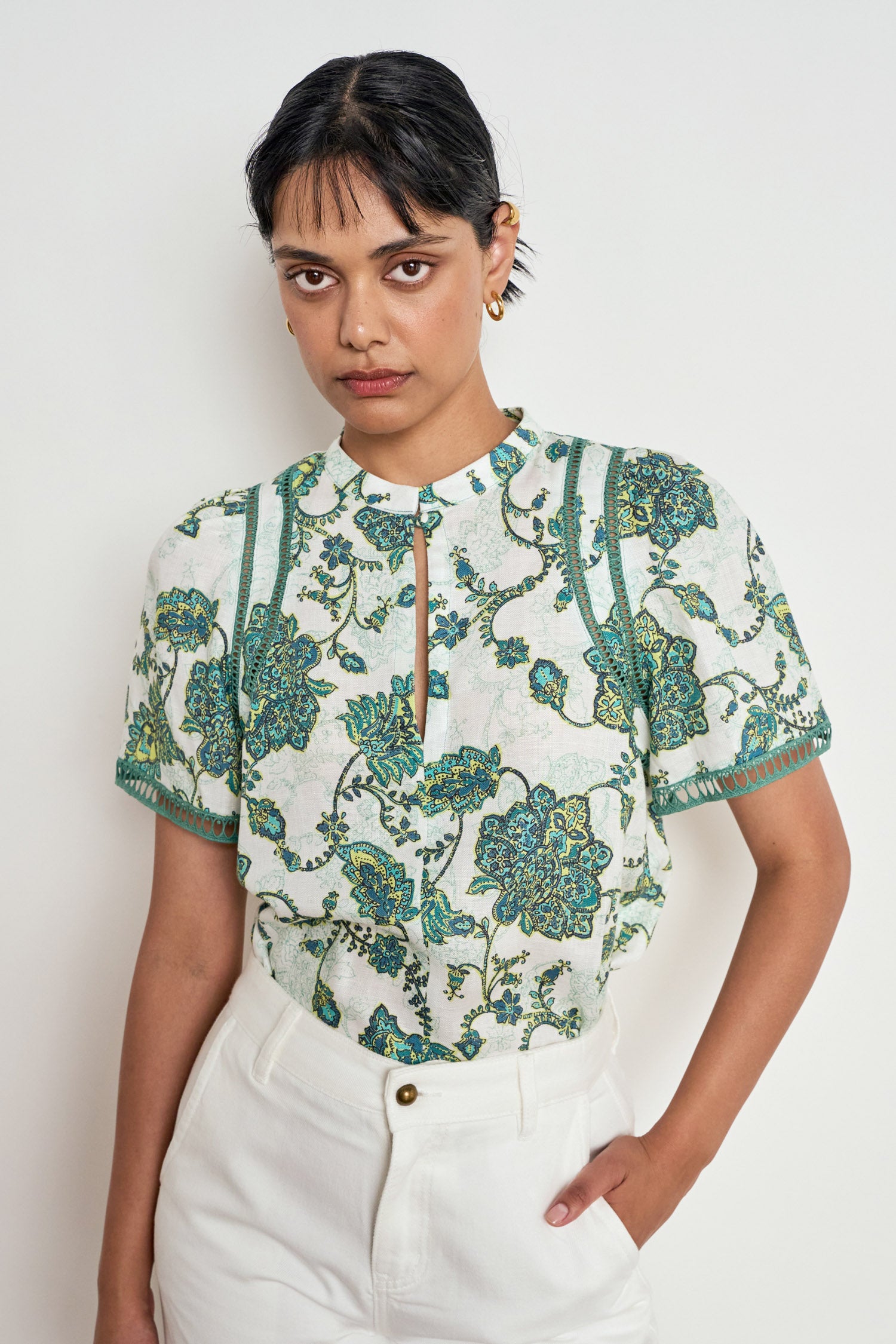 ZOE KRATZMANN CHARM TOP LYOCELL LINEN GREEN FLORAL TOP