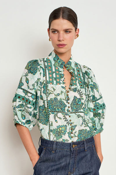 ZOE KRATZMANN EXTEND TOP RAMIE GREEN PAISLEY FLORAL BLOUSE 