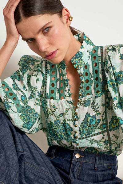 ZOE KRATZMANN EXTEND TOP RAMIE GREEN PAISLEY FLORAL BLOUSE 