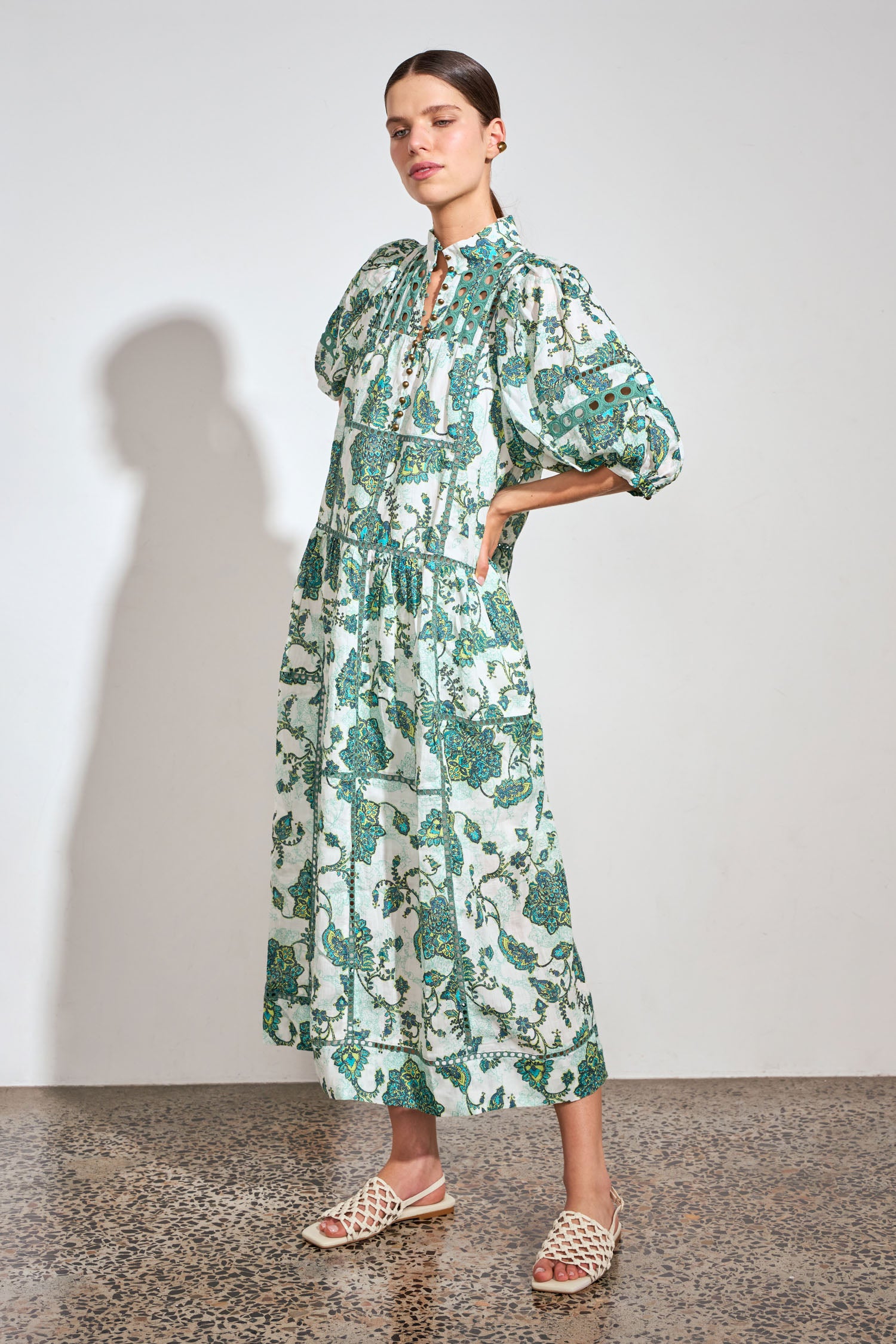 ZOE KRATZMANN FLUTTER DRESS RAMIE GREEN FLORAL PAISLEY MIDI DRESS