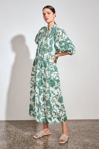 ZOE KRATZMANN FLUTTER DRESS RAMIE GREEN FLORAL PAISLEY MIDI DRESS