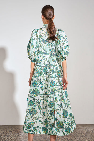 ZOE KRATZMANN FLUTTER DRESS RAMIE GREEN FLORAL PAISLEY MIDI DRESS