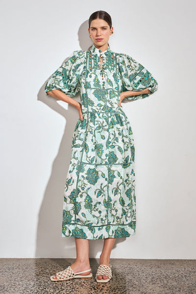 ZOE KRATZMANN FLUTTER DRESS RAMIE GREEN FLORAL PAISLEY MIDI DRESS