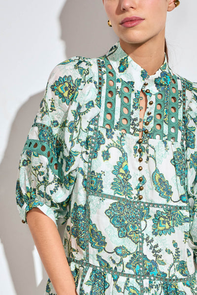 ZOE KRATZMANN FLUTTER DRESS RAMIE GREEN FLORAL PAISLEY MIDI DRESS