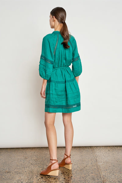 ZOE KRATZMANNJOSTLE DRESS LINEN MINI DRESS GREEN CEDAR EMBROIDERED