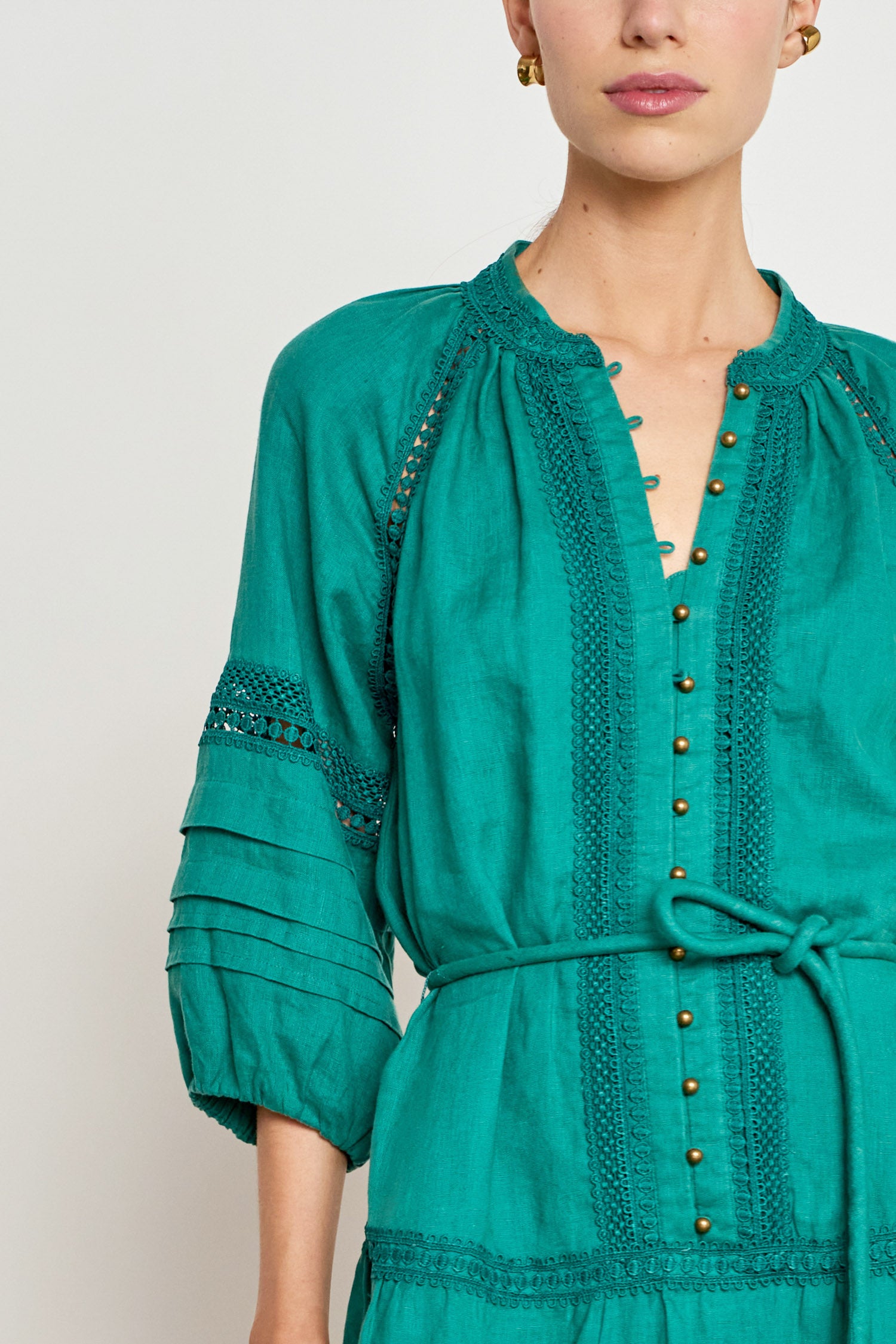 ZOE KRATZMANNJOSTLE DRESS LINEN MINI DRESS GREEN CEDAR EMBROIDERED