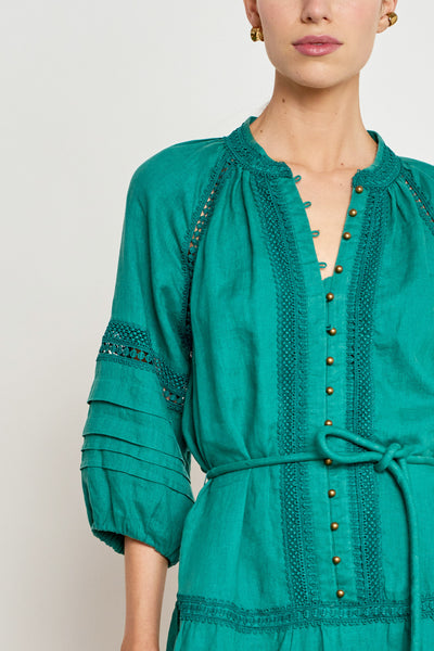 ZOE KRATZMANNJOSTLE DRESS LINEN MINI DRESS GREEN CEDAR EMBROIDERED