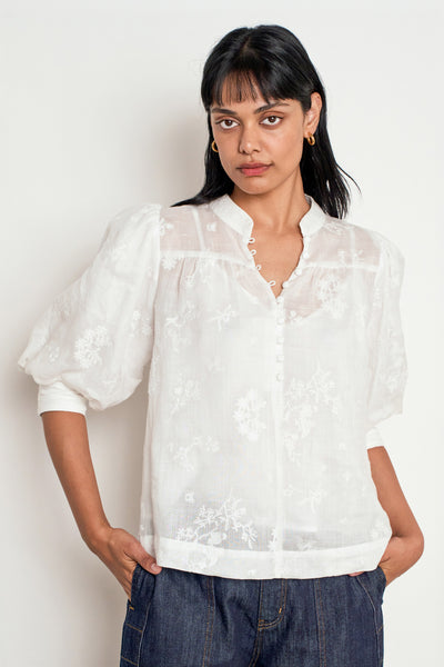 ZOE KRATZMANN POISE TOP RAMIE EMBROIDERED FLORAL WHITE PORCELAIN BLOUSE