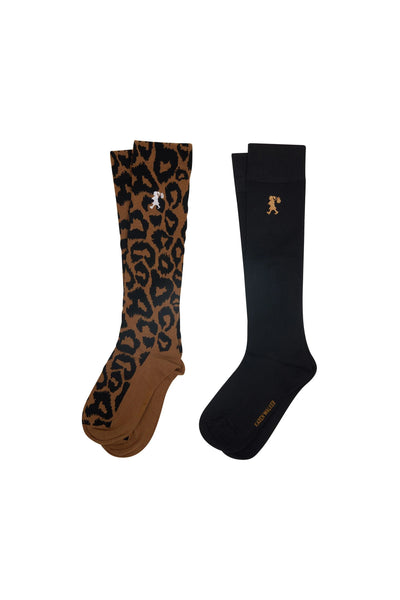 KAREN WALKER LEOPARD KNEEHIGH SOCKS 2 PACK BAMBOO POLYAMIDE ELASTANE BLACK ANIMAL TAN LEOPARD