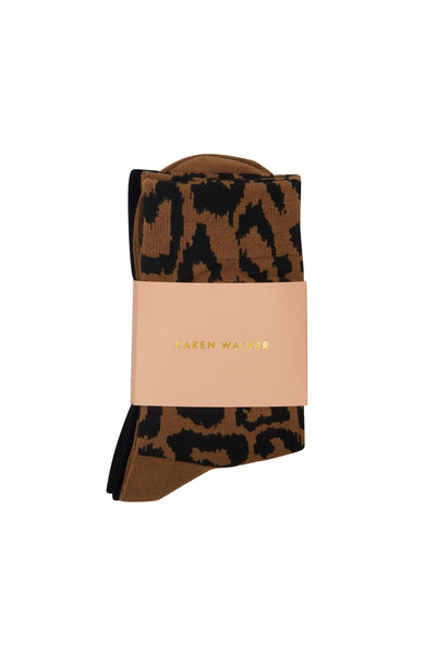 KAREN WALKER LEOPARD SOCKS 2 PACK LEOPARD TAN BLACK ANIMAL PRINT BAMBOO POLYAMIDE ELASTANE