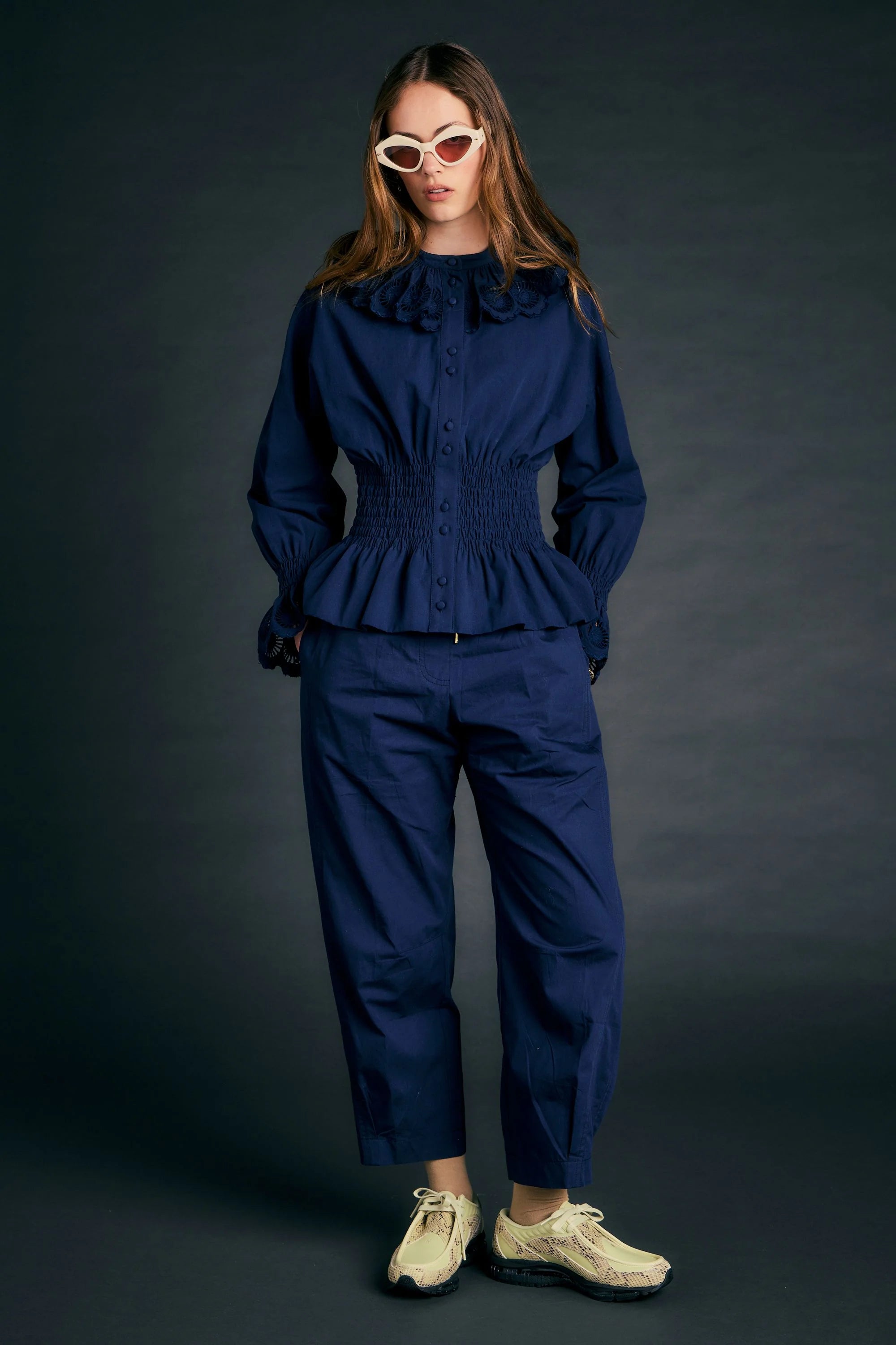 KAREN WALKER MAVERICK PANTS NAVY BLUE COTTON TROUSER