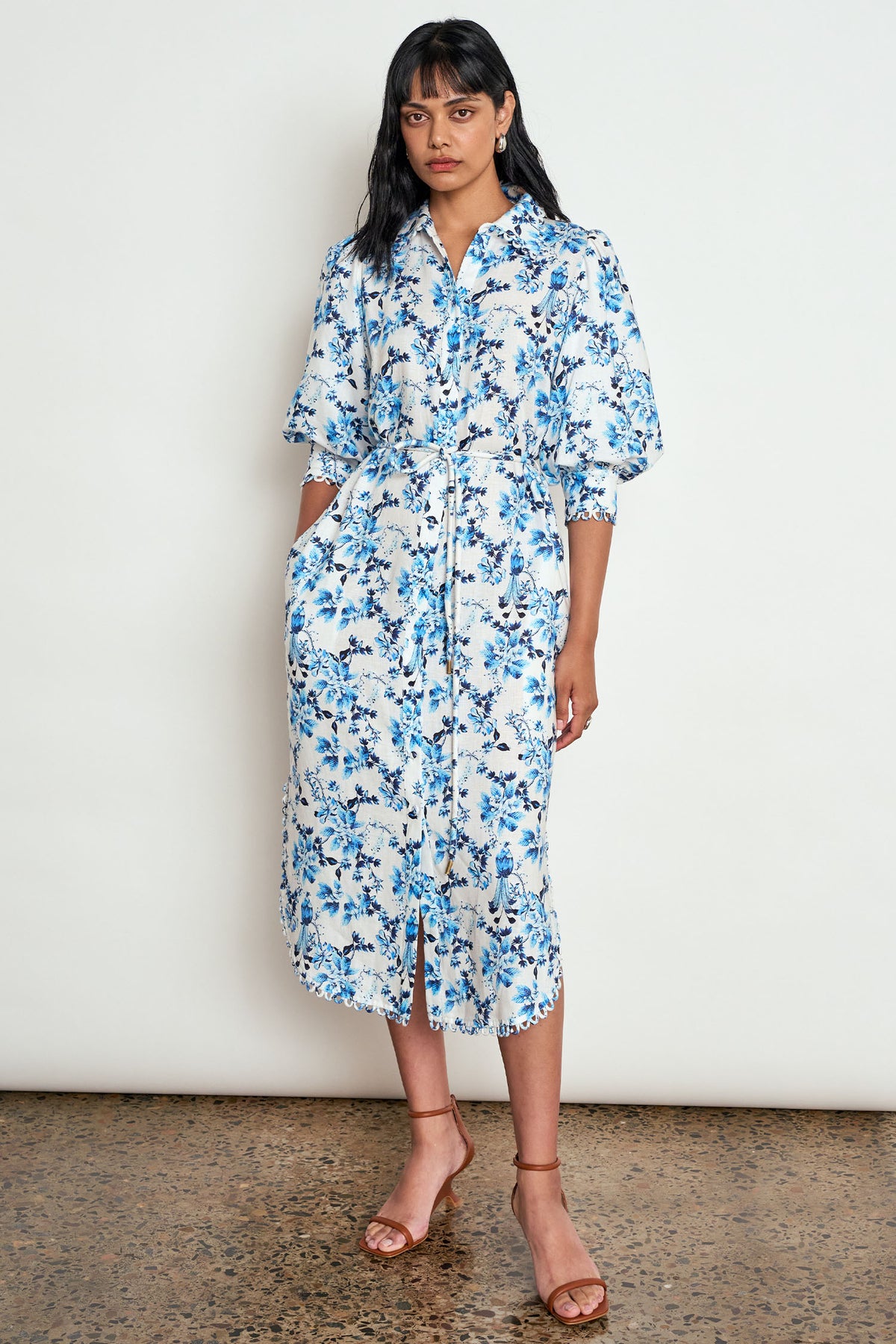 ZOE KRATZMANN HEIR DRESS SONGBIRD BLUE FLORAL LYOCELL LINEN MIDI SHIRT DRESS