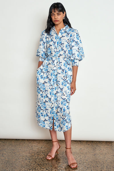 ZOE KRATZMANN HEIR DRESS SONGBIRD BLUE FLORAL LYOCELL LINEN MIDI SHIRT DRESS
