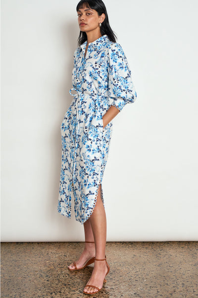ZOE KRATZMANN HEIR DRESS SONGBIRD BLUE FLORAL LYOCELL LINEN MIDI SHIRT DRESS