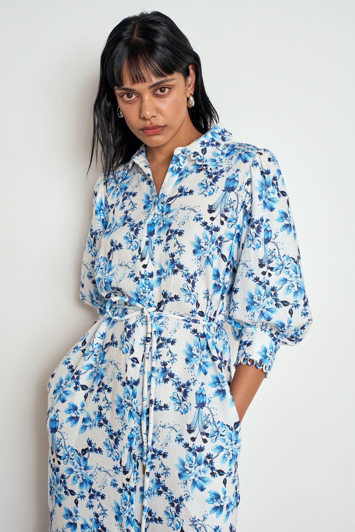 ZOE KRATZMANN HEIR DRESS SONGBIRD BLUE FLORAL LYOCELL LINEN MIDI SHIRT DRESS