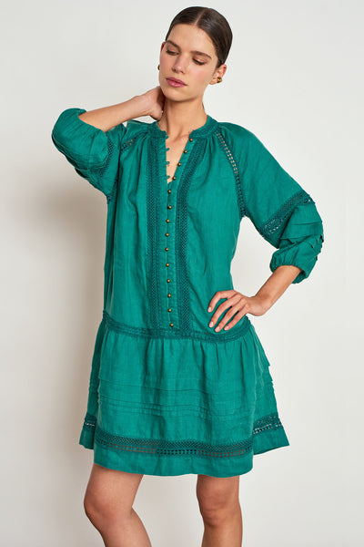 ZOE KRATZMANNJOSTLE DRESS LINEN MINI DRESS GREEN CEDAR EMBROIDERED