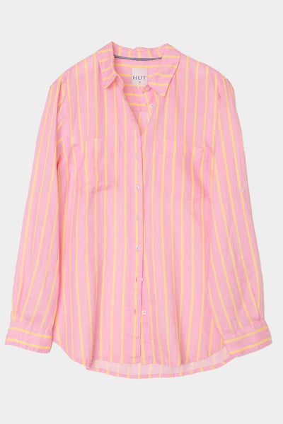 HUT pink and yellow striped long sleeve button-up shirt
