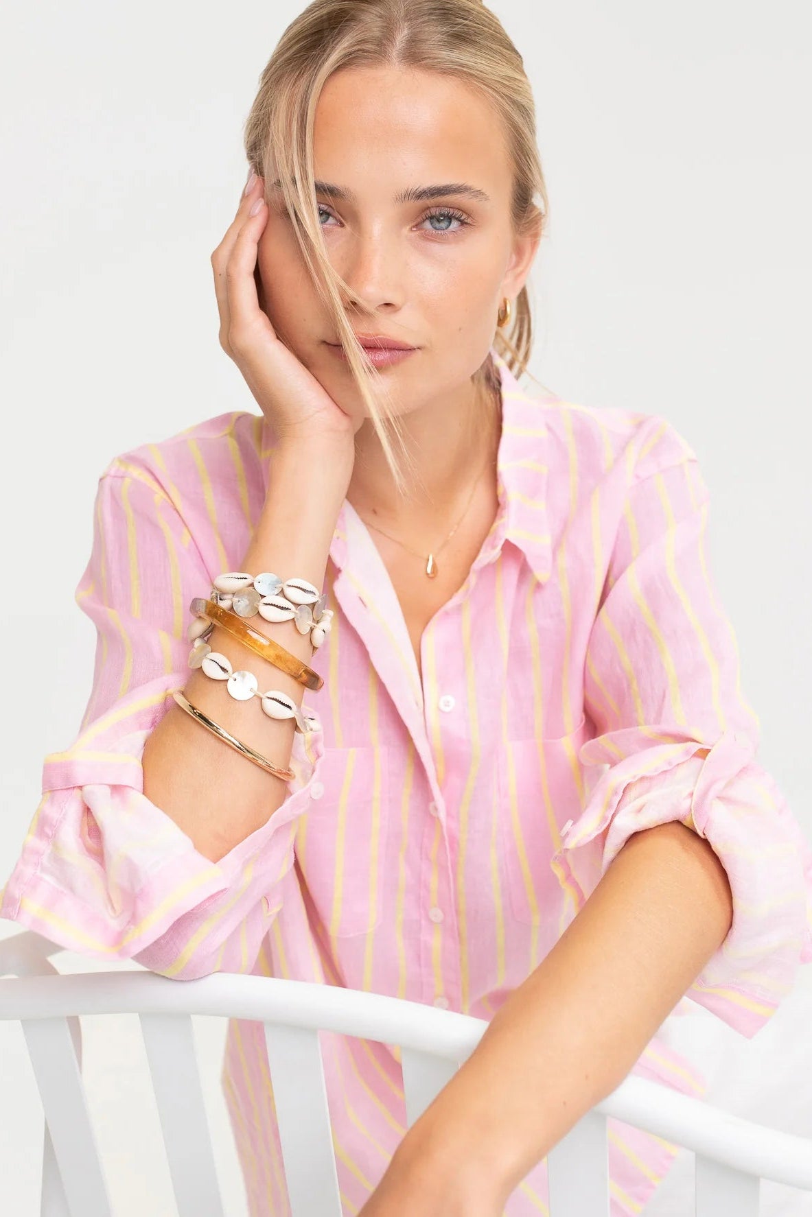 HUT pink and yellow striped long sleeve button-up shirt