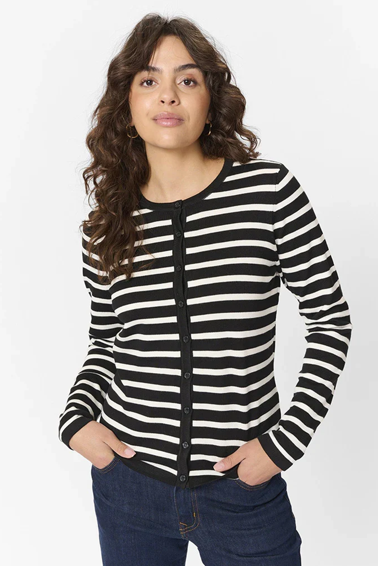 SAINT TROPEZ MILA STRIPED CARDIGAN BLACK AND WHITE STRIPE KNIT
