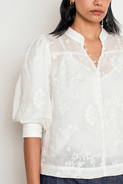 ZOE KRATZMANN POISE TOP RAMIE EMBROIDERED FLORAL WHITE PORCELAIN BLOUSE