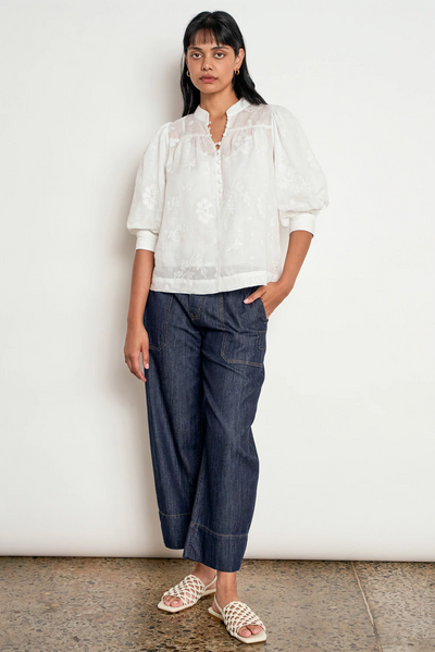 ZOE KRATZMANN POISE TOP RAMIE EMBROIDERED FLORAL WHITE PORCELAIN BLOUSE