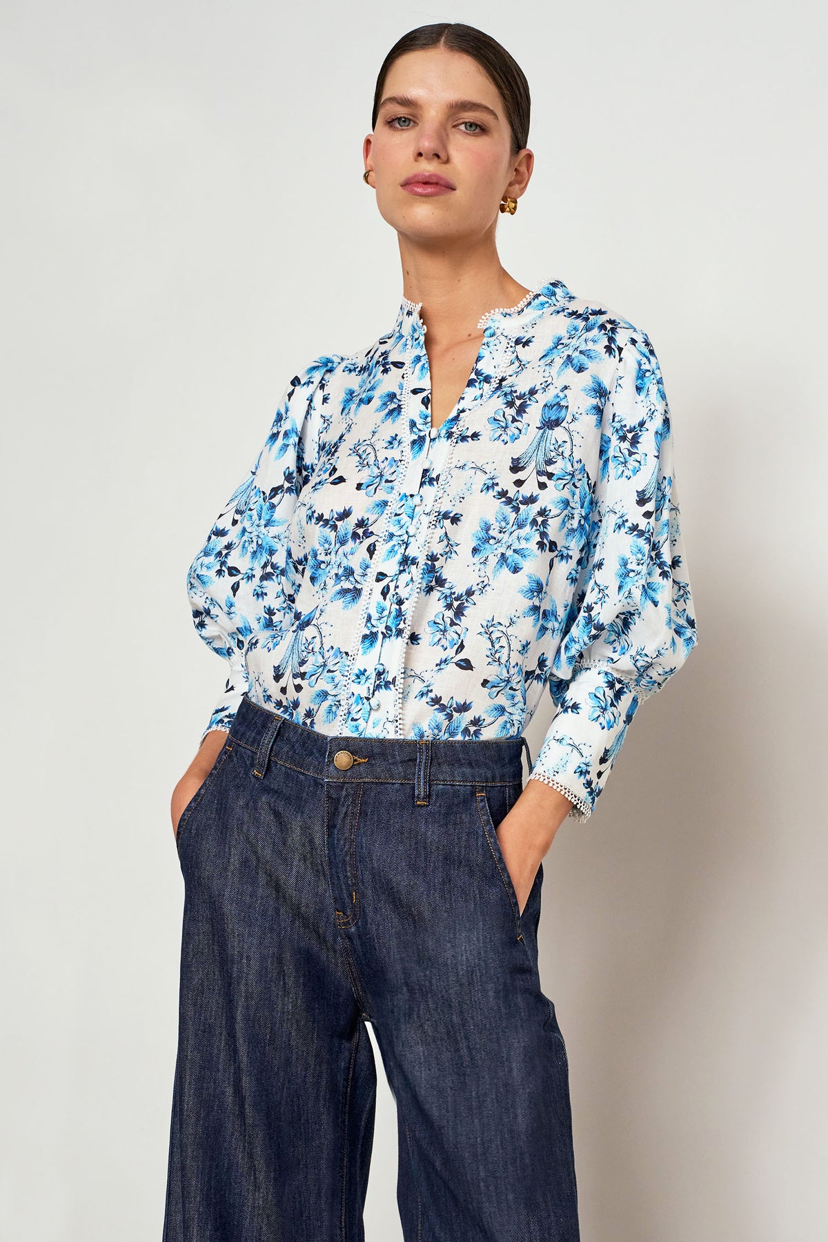 ZOE KRATZMANN PROCLAIM TOP LINEN BLOUSE BLUE FLORAL SONGBIRD