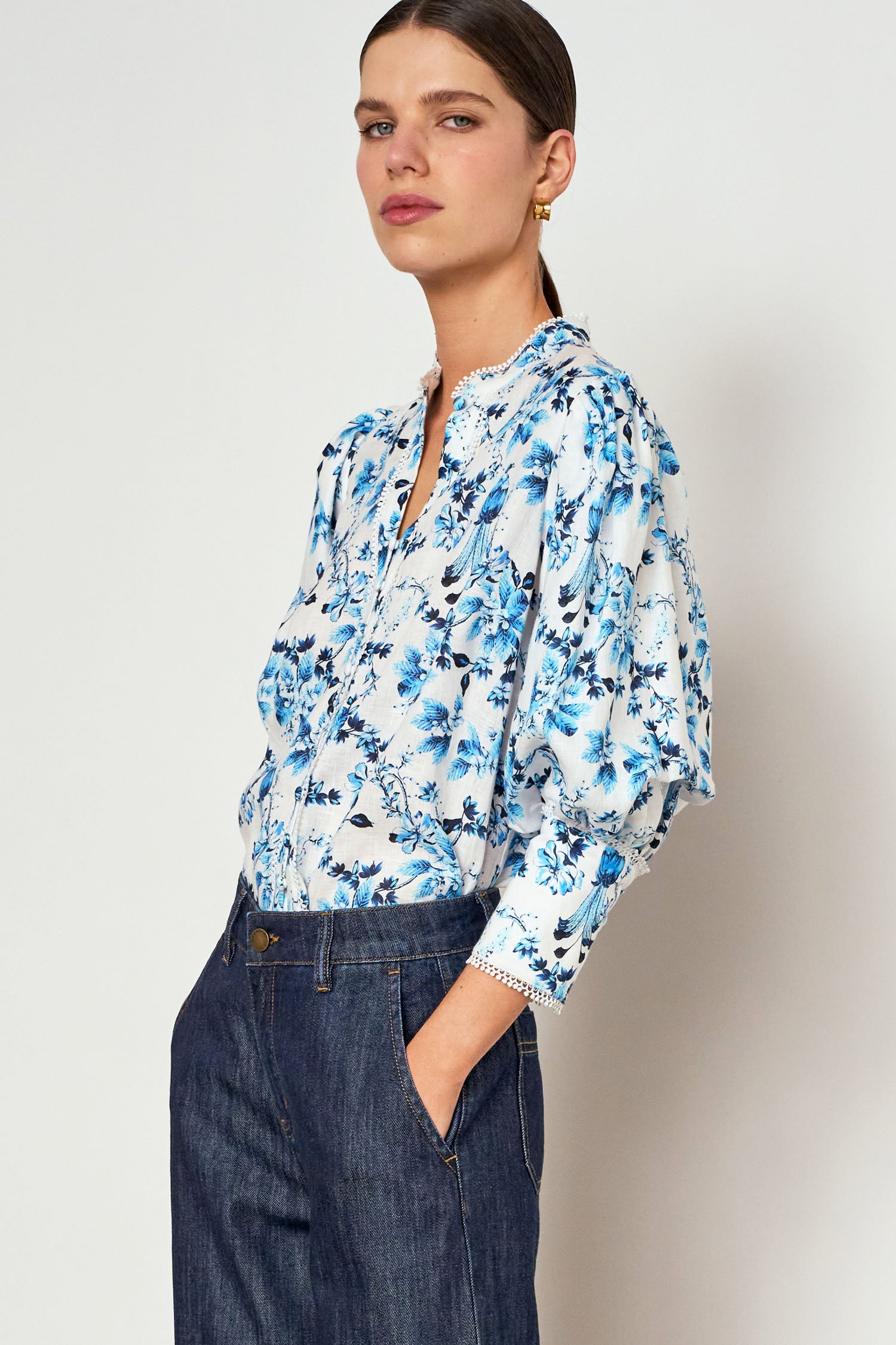 ZOE KRATZMANN PROCLAIM TOP LINEN BLOUSE BLUE FLORAL SONGBIRD