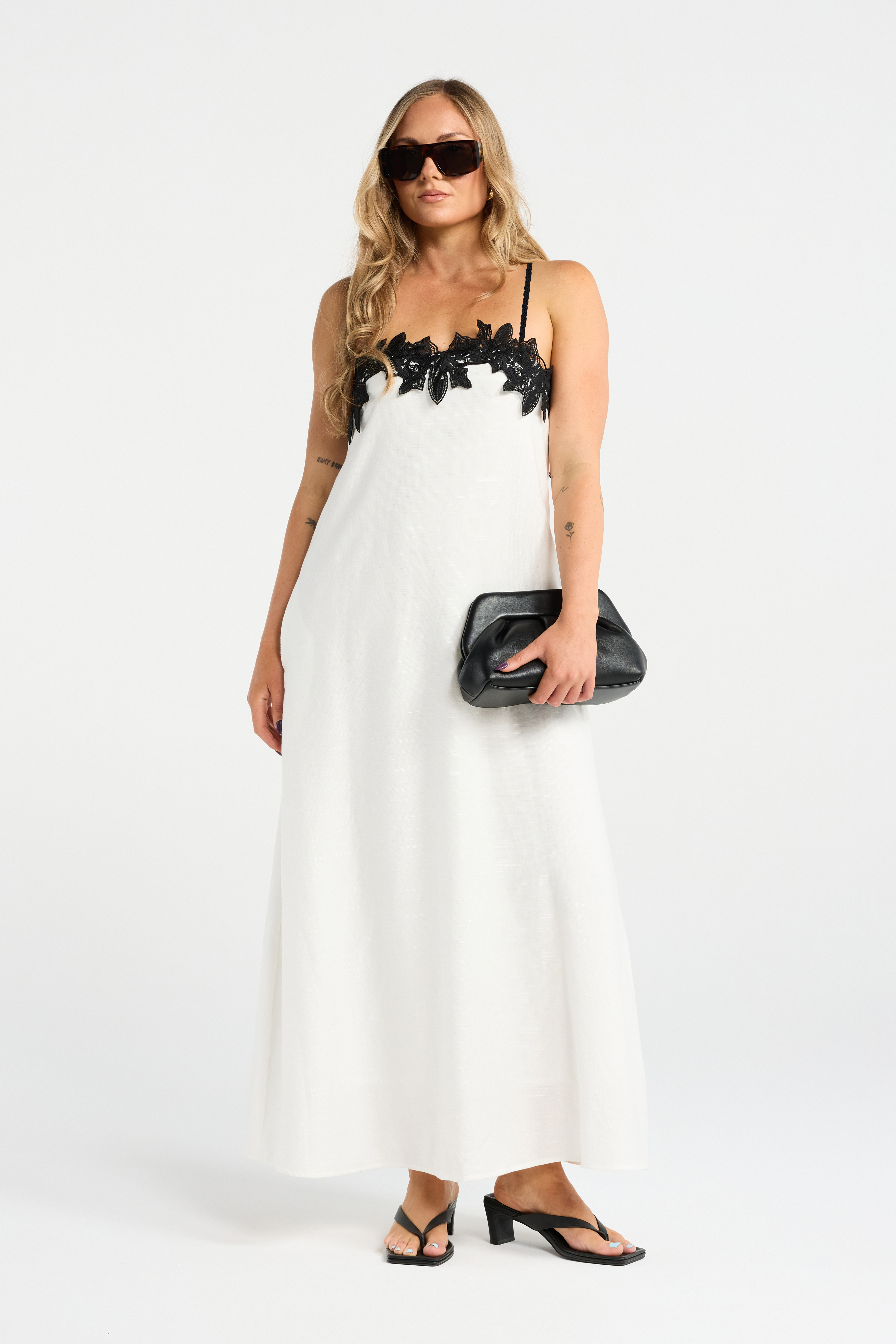 INK MIRANDA DRESS LINEN COTTON BLACK AND WHITE LACE MAXI DRESS