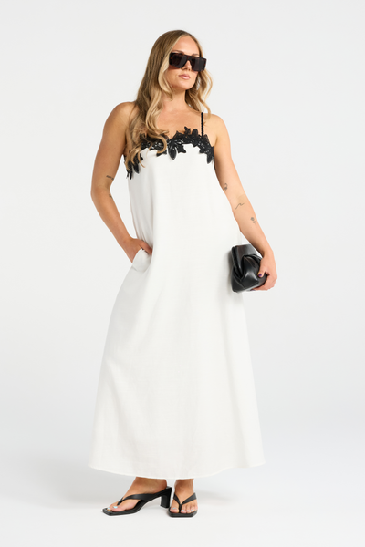 INK MIRANDA DRESS LINEN COTTON BLACK AND WHITE LACE MAXI DRESS