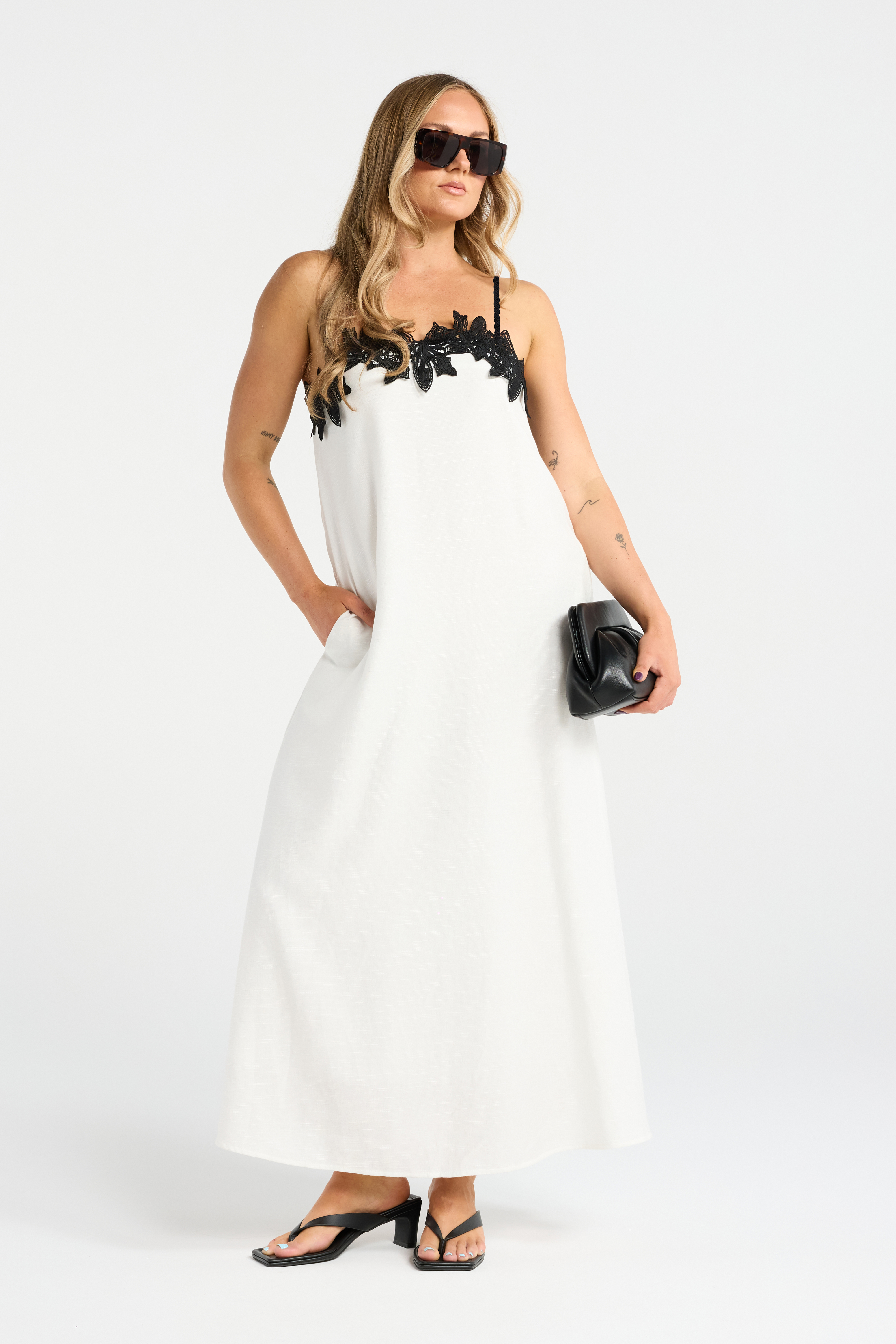 INK MIRANDA DRESS LINEN COTTON BLACK AND WHITE LACE MAXI DRESS