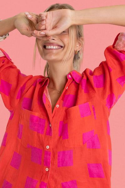 HUT orange and pink geometric print linen button-up shirt