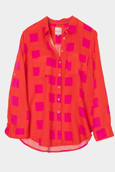 HUT orange and pink geometric print linen button-up shirt