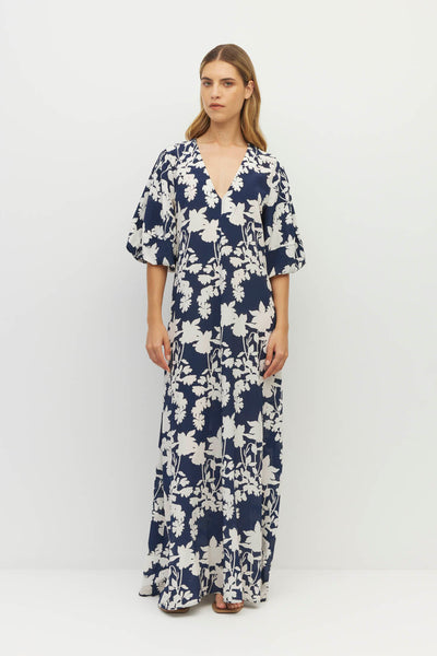 JULIETTE HOGAN PIPER DRESS SILK NAVY FLORAL MAXI DRESS
