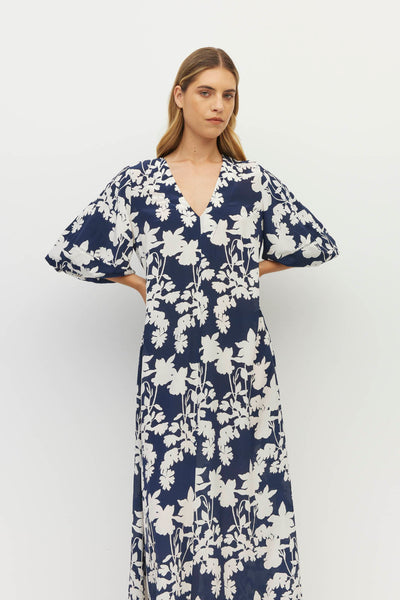 JULIETTE HOGAN PIPER DRESS SILK NAVY FLORAL MAXI DRESS