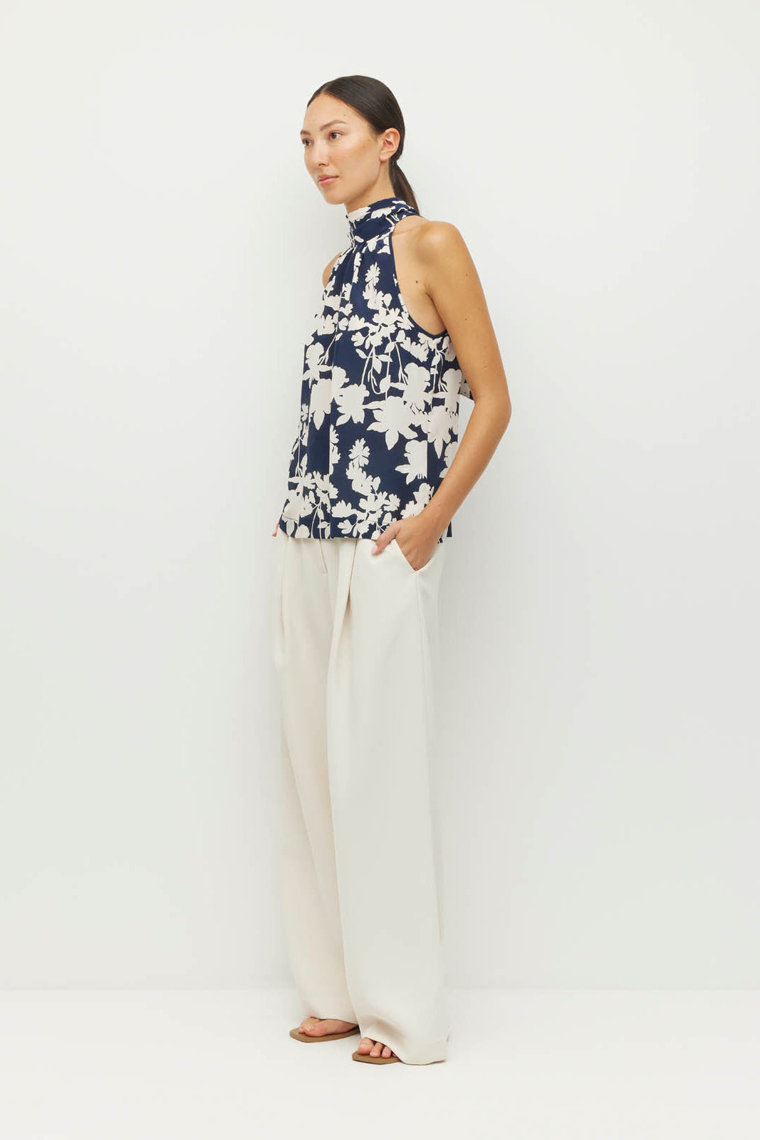 JULIETTE HOGAN ZELDA BLOUSE HALTER NECK NAVY FLORAL SILK TOP