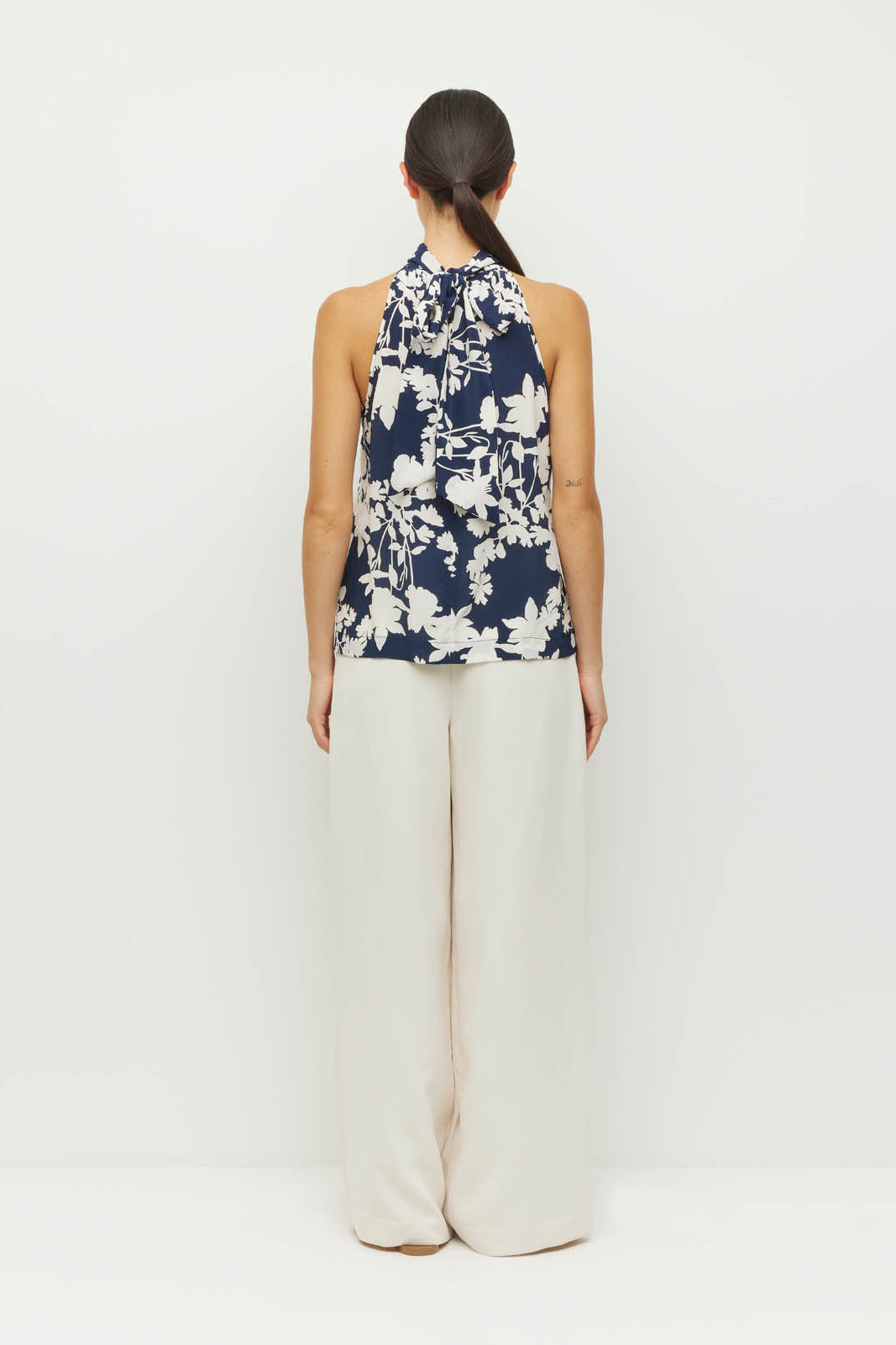 JULIETTE HOGAN ZELDA BLOUSE HALTER NECK NAVY FLORAL SILK TOP