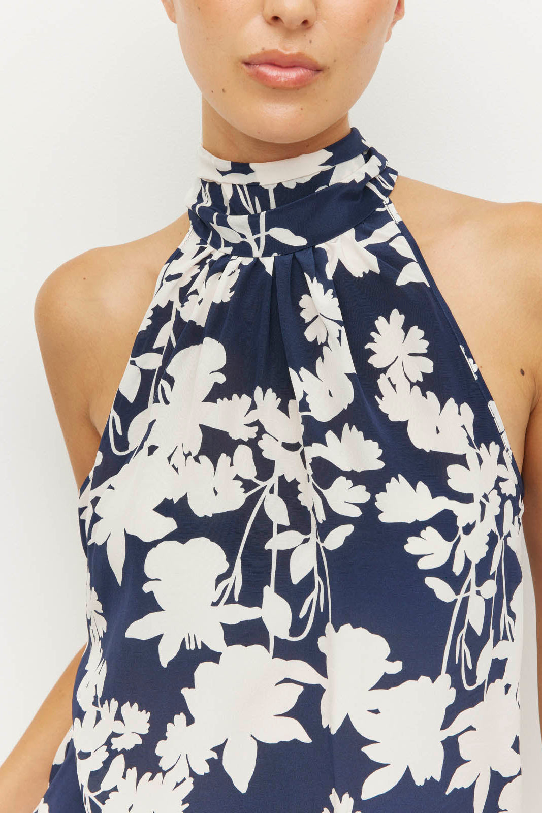 JULIETTE HOGAN ZELDA BLOUSE HALTER NECK NAVY FLORAL SILK TOP