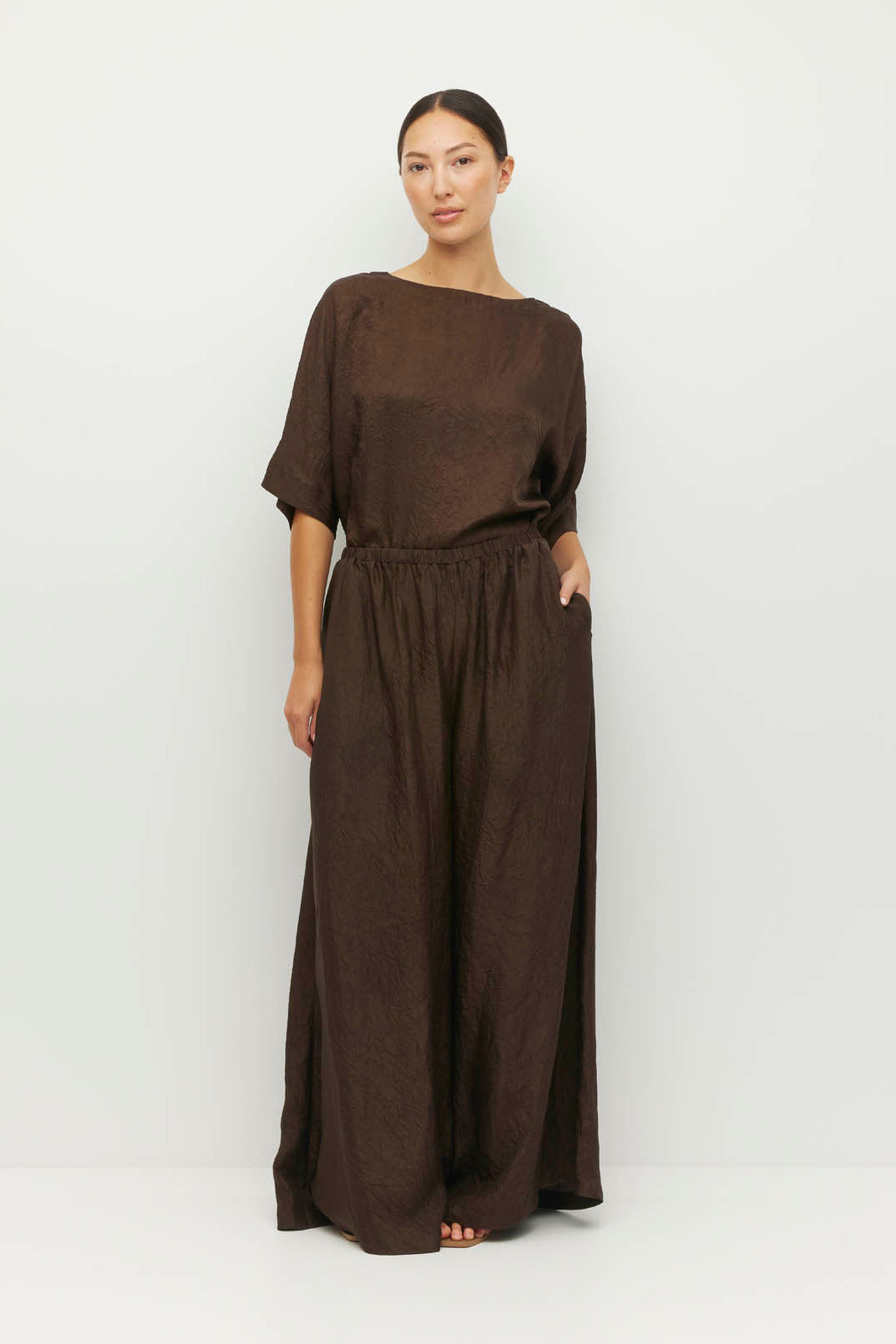 JULIETTE HOGAN PALAZZO PANT ACETATE CHOCOLATE BROWN TROUSER