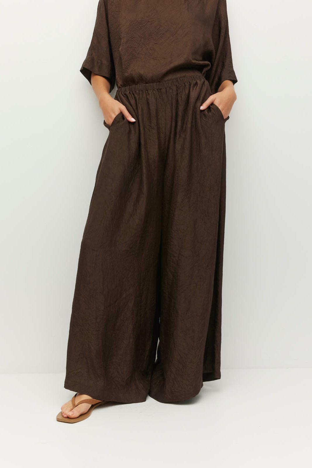 JULIETTE HOGAN PALAZZO PANT ACETATE CHOCOLATE BROWN TROUSER