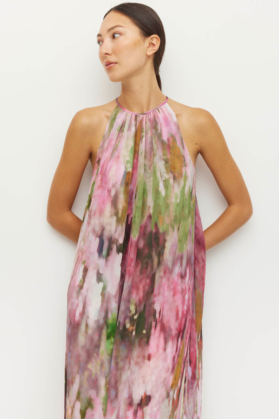 JULIETTE HOGAN ASTRID DRESS POLYESTER PINK FLORAL MIDI MAXI HALTER DRESS
